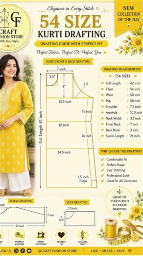 54 Size Kurti Drafting | Easy Pattern Making | Full Measurements | Craft Fashion Store