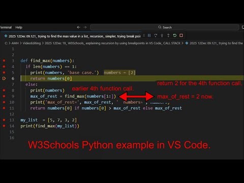 W3Schools Python_ explaining recursion by using breakpoints in VS Code_ function, CALL STACK, return