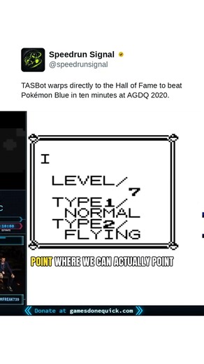 TASBot warps directly to the Hall of Fame to beat Pokémon Blue in ten minutes at AGDQ 2020.