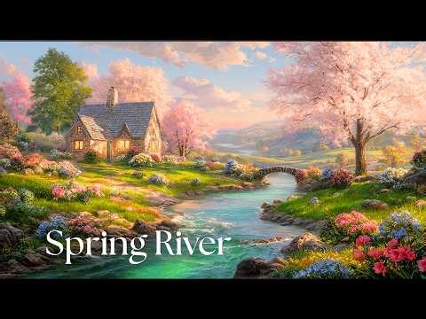 Cozy Stone Cottage by Spring River | Cherry Blossom Garden Artwork | Relaxing Animated TV Frame Art