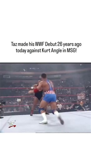 Trendtok_ sports_hub on Instagram: "- This post marks the 26th anniversary of Taz's surprise WWF debut at Royal Rumble 2000 in Madison Square Garden, where the Brooklyn native answered Kurt Angle's open challenge and submitted him with the Tazmission in 2:21, ending Angle's undefeated streak amid a thunderous crowd pop. - The attached video clip captures Taz's intense entrance, a flurry of suplexes trading blows with the Olympic gold medalist, and the decisive rear naked choke submission, showca