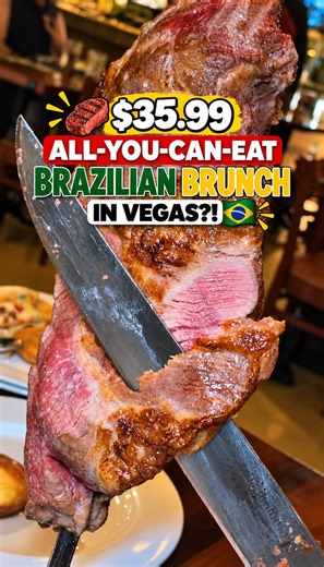 🥩🇧🇷 $35.99 ALL-YOU-CAN-EAT BRAZILIAN BRUNCH IN LAS VEGAS?! 🥂🔥 Save this spot for your next Vegas brunch! 😍 We checked out @Via Brasil Steakhoue in Summerlin for their Saturday and Sunday Rodízio Brunch! For $35.99 per person, you get unlimited meats, including picanha, garlic steak, prime rib, tri-tip, smoked honey ham, Brazilian pork loin, turkey wrapped in bacon, and chicken drumsticks! 🥩🔥🍗 They also have a chef’s omelet station, eggs Benedict, and crepes! I made mine with strawberrie