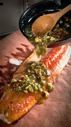 This trout came to eat.Thick, buttery almond-dill citrus crust, plenty of crunch, plenty of flavor.