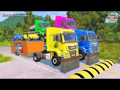 Double Flatbed Trailer Truck vs speed bumps|Busses vs speed bumps|Beamng Drive|1404