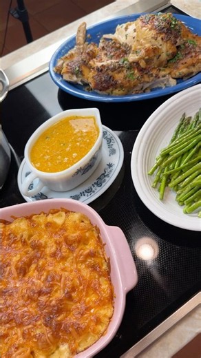 I made mashed potatoes, Mac & Cheese, chicken au poivre, garlic asparagus, and cauliflower au poivre