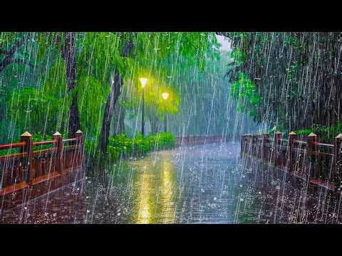 Fall Asleep Easily in 3 Minutes with Heavy Rain & Thunder on an Empty Park Road at Night