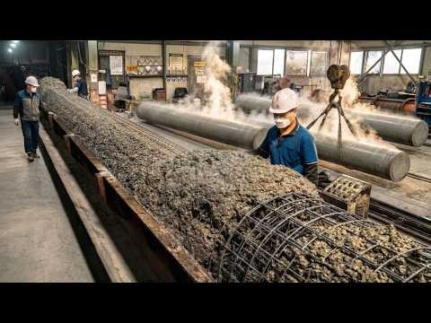 They Make Concrete Piles Driven Deep into the Ground. PHC Pile Factory in Korea