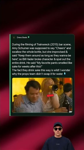 During the filming of Trainwreck (2015), Amy Schumer improvised—and Bill Hader spit it out
