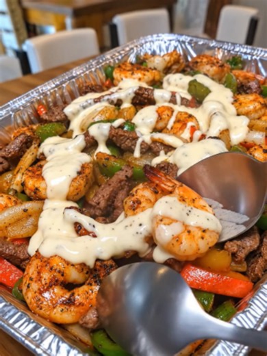 Shrimp and Steak Fajita Bowl with Creamy Sauce Servings: 4 | Prep: 15 min | Cook: 20 min | Total: 35 min Ingredients Steak 1 lb sirloin or flank steak, thinly sliced 1 tbsp olive oil 1 tsp chili powder 1 tsp smoked paprika ½ tsp each cumin, garlic powder & onion powder ½ tsp salt ¼ tsp black pepper Shrimp 1 lb large shrimp, peeled and deveined 1 tbsp olive oil 1 tsp chili powder ½ tsp each smoked paprika, garlic powder & cumin Salt and pepper to taste 1 tbsp lime juice Vegetables 1 each red, yel