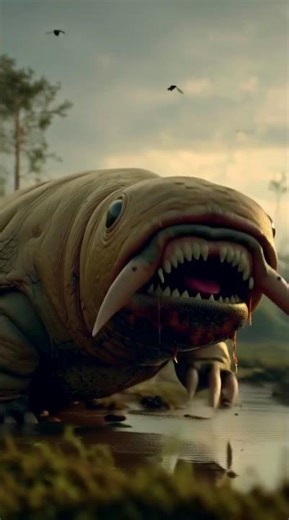 A bloated, slug like monster oozes across a muddy clearing sniffing and nudging lifeless animals