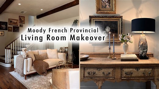 Entryway and living room makeover creates moody French provincial home
