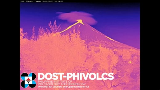 LOOK: Thermal camera footage of short-duration lava fountaining at the Mayon Volcano crater taken tonight at 20:29 PM, 31 March 2026, by the Upper Lidong Observation Station (VMUL), and its seismic signal waveform and frequency spectra recorded by the Anoling (VMAN), Camp One (VMCO) and Upper Slope (VMUS) Observation Stations. The event registered as harmonic tremor with distinct overtones in the frequency spectra. Effusive eruption at Mayon Volcano continues for the 84th consecutive day, genera
