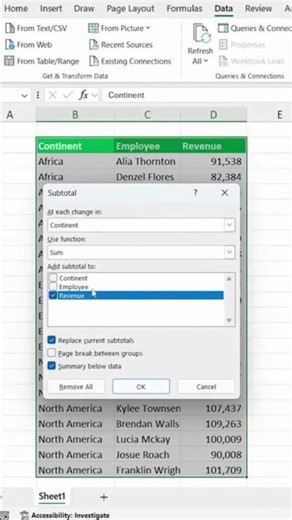 Excel Subtotal Trick | Get Total Revenue by Continent #shorts ‪@TurboGamingX-g9d‬