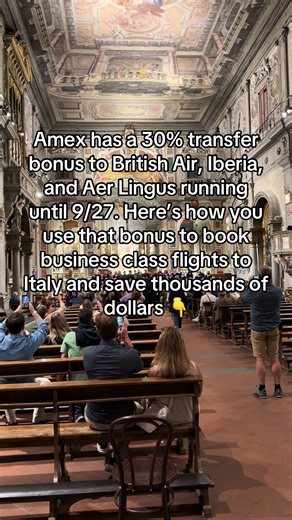Amex has a 30% transfer bonus to British Airways, Iberia, and Aer Lingus running until 9/27. Here's how you use that bonus to book business class flights to Italy and save thousands of dollars 👇 All three airlines share one points currency, Avios. With the bonus, 1,000 Amex points becomes 1,300 Avios. Divide any Avios price by 1.3 to get the Amex points you need. ✈️ Aer Lingus business class through Dublin Business class across the Atlantic, with a short economy hop between Dublin and Rome. ✅ N