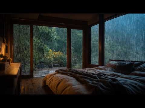 Heavy Rain Sounds in Forest Cabin Bedroom 🌧️ Misty Woods for Deep Sleep