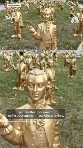 Mini golden statues of Mozart and his dog are on display for the late composer's 270th birthday