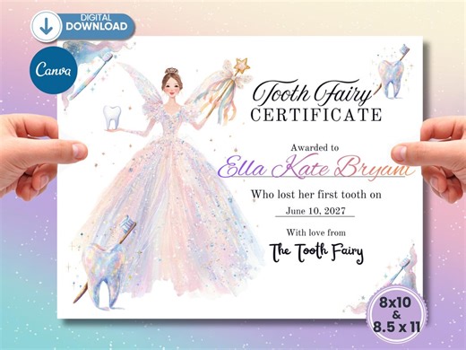 Tooth Fairy Certificate Printable, Editable Canva Template, First Lost Tooth Keepsake, Scrapbook Milestone - Etsy