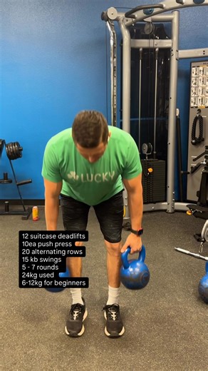 15-Minute Kettlebell Workout (Beginner Friendly) 12 suitcase deadlifts 10 each push press 20 alternating rows 15 kettlebell swings 5–7 rounds 24kg used Beginners: 6–12kg If kettlebell workouts feel confusing, random, or hard to stick with, this is exactly why we built a clear plan that removes the guesswork. ➡️ Comment “STARTKB” to get the details on Kettlebells Made Simple, our 4-week course that shows you exactly what to do, when to do it, and how to stay consistent without overwhelm. | Bustos