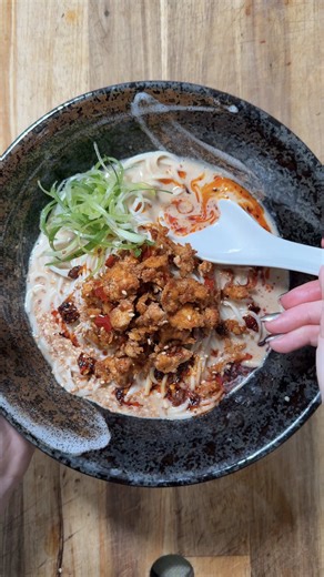 COMFORT SEASON EP 2 - tofu tantanmen 🍜 There’s no way I’d do a series on comfort food & not include what is probably my most eaten meal x Ingredients (makes 2 bowls) Tare: 1 tbsp miso 2 tbsp sesame paste (not tahini) 2 tbsp tamari (or light soy sauce) 1 tsp rice vinegar Mince: 300g extra firm tofu, crumbled 1 tbsp tamari (or light soy sauce) 2 garlic cloves, minced 2cm ginger, grated 1 tbsp doubanjiang (hot broad bean paste) Broth: 300ml unsweetened soy milk 300ml vegetable stock To serve: 2 se