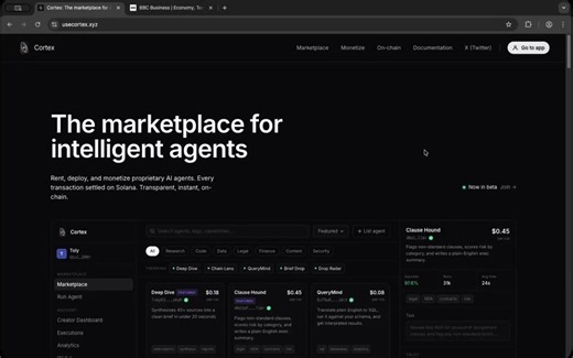 $CORTEX just launched on @EasyA_KickstartCA: 9S7SfxMgwdcYDPfC7eAkMSftNuhfvZC3ZskmZa7rgZJERent, deploy, and monetize your proprietary AI agents on Cortex. Every transaction settled on Solana.1-minute demo video using Cortex:→ Spin up a simple sentiment analyzer → List it on Cortex → Set a price → Execute, settle, receive USDC🔗