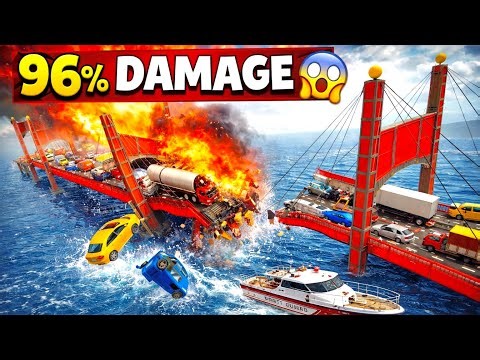 96% DAMAGE! Massive Bridge Collapse & Car Crash Explosion 😱🔥 | Extreme Crash Test Simulation