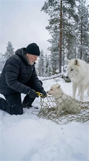 Mother Snow Wolf Saves Her Cubs with the Help of an Old Guy! #animals #rescueanimals #humanity