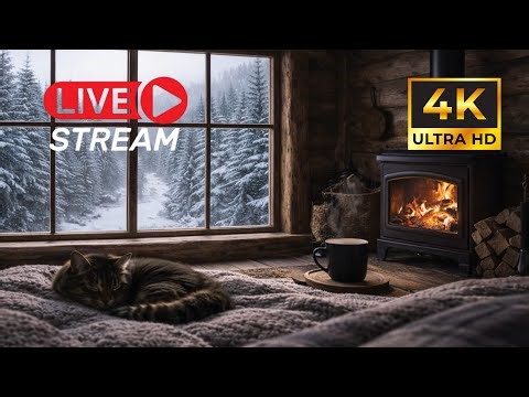 🔴 Cozy Cabin (LIVE) — Cat Purr + Snow + Fireplace | No Music | 12h Pure ASMR 🐾❄️🔥