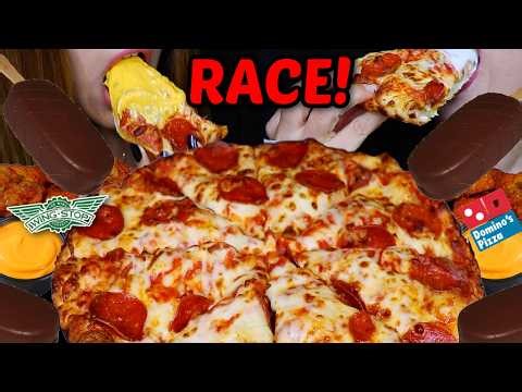 ASMR RACE CHEESY DOMINOS PIZZA! Behind the scenes, full day of eating street food + viral Nutella