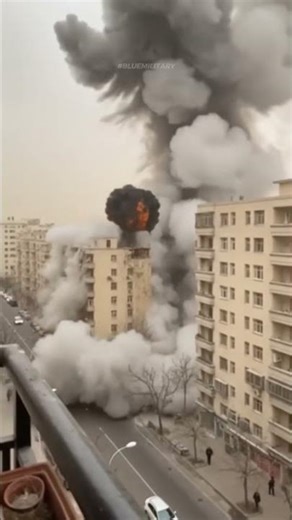 A massive explosion completely destroys a section of an apartment building in a city