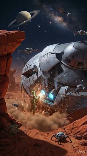 A lone green Martian engineer restores a massive crashed alien flying saucer on the surface of Mars.