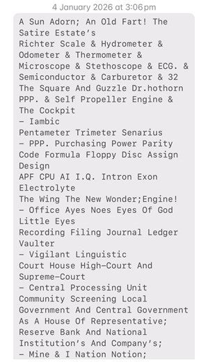 A Sun Adorn; An Old Fart! The Satire Estate’s Richter Scale & Hydrometer & Odometer & Thermometer & Microscope & Stethoscope & ECG. & Semiconductor & Carburetor & 32 The Square And Guzzle Dr.hothorn PPP. & Self Propeller Engine & The Cockpit - Iambic Pentameter Trimeter Senarius - PPP. Purchasing Power Parity Code Formula Floppy Disc Assign Design APF CPU AI I.Q. Intron Exon Electrolyte The Wing The New Wonder;Engine! - Office Ayes Noes Eyes Of God Little Eyes Recording Filing Journal Ledger Vau