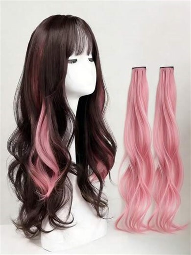 2 pelucas largas y rizadas con clip de colores, accesorios de cabello sintético realista para niñas para uso diario, fiestas, princesa (puede haber una ligera diferencia de color y densidad entre el producto real y la imagen) | SHEIN
