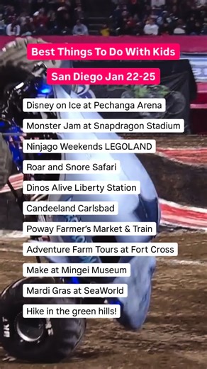Open this for dates & discount codes ⬇️ Comment EVENTS and I’ll send you a calendar of all the family events happening in San Diego this weekend & what’s coming Know of any more? Put them in the comments or submit them to my community events calendar (link in bio). ⛸️ Disney on Ice at Pechanga Area: Jan 22-25 (code PARTY for discount or buy tickets at the box office before the show to skip fees) 🛻 Monster Jam: Jan 24-25 (code JAM5 or get free Pit Party Passes from participating Ford dealerships