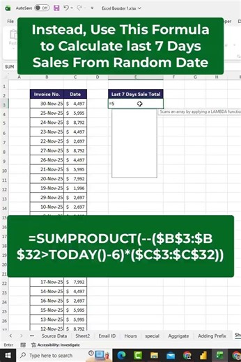 Calculate Last 7 Days Sales in Excel (SUMPRODUCT + TODAY) in Excel #excel #shorts #exceltips