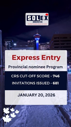 Solex Immigration on Instagram: "🇨🇦 Express Entry Draw Update (PNP) – Jan 20, 2026 ✅ 681 ITAs issued | 📌 CRS cut-off: 746 A provincial nomination can be a game-changer (+600 CRS points). If you’re aiming for Canada PR, let’s check your best PNP pathway and next steps. 📩 DM Solex Immigration to start your assessment today. #ExpressEntry #PNPDraw #ExpressEntryDraw #CRSScore #ITA CanadaPR"