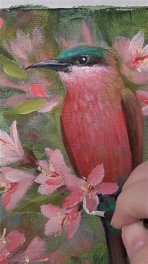 “Coral bird with Flowers” 🌸🕊️ full tutorial on our channel! #birdpainting #birdart #art