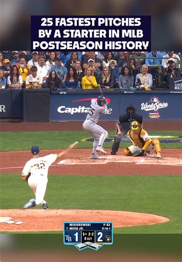 Jacob Misiorowski opened the game with a 103.5 MPH pitch, an MLB postseason record since tracking began in 2008. Misiorowski also threw the 25 fastest pitches ever tracked by a starter in the postseason, surpassing Noah Syndergaard's previous record of 101.1 MPH set in 2015 #mlb #baseball #brewers #sports #pitching
