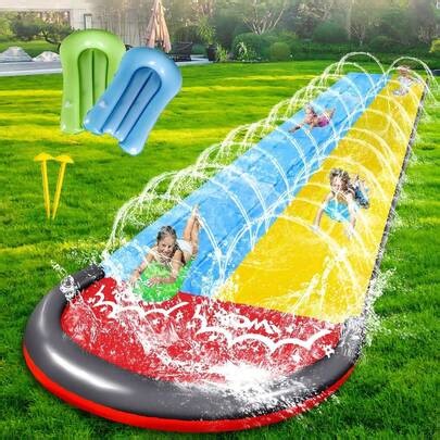 Water Slide Mat And Inflatable Crash Pad, 15.7ft(480cm) Double Slide With Sprinkler Double Lane, Lawn Slide, Slip Splash And Slide, Backyard Inflatable Water Slides, Summer Waterslide Bodyboards For Outdoor Adults Women Men Family Poolside Play Swimming Activities Beach Travel Camping Picnic Park | SHEIN