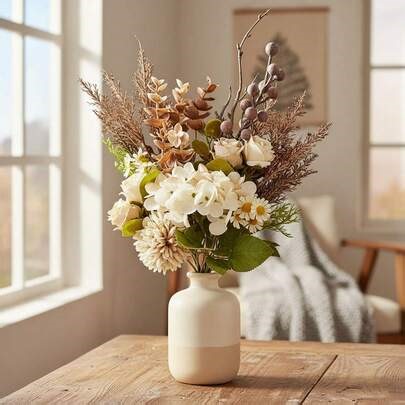 Mixed Hydrangea Rose Artificial Flower Bouquet, Paired With Chrysanthemum/Berries/Fake Branches, Wabi-Sabi Style Faux Flowers Decor, Suitable For Home Decor, Room Decor, Wedding And Party Decoration, Dining Table Centerpiece, Flowers, Wedding, Fake Flowers, Mother's Day Gift, Gift For Women | SHEIN