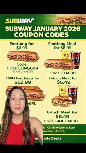 🚨 SUBWAY DEAL ALERT 🚨 January 2026 Subway coupon codes are LIVE 🥪🔥 Footlongs starting at $6.99 meal deals too! Use the Subway app before they expire #TikTokCreatorSearchInsightsIncentive #subway #jamiesdailydeals