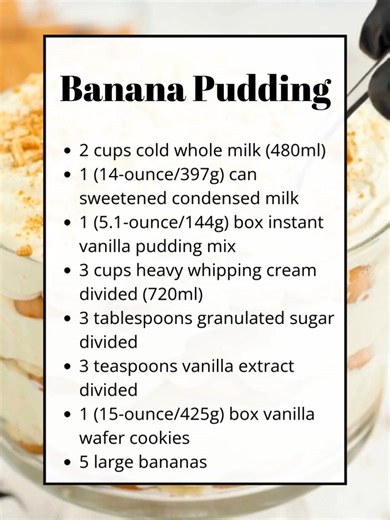 Classic Banana Pudding 🍌🍨 This easy, creamy dessert is made with simple ingredients and layered with vanilla wafers and fresh bananas. Rich, nostalgic, and family friendly, it is perfect for gatherings or weeknight treats. Ingredients: 3 cups heavy whipping cream divided 1 box vanilla wafer cookies 5 large bananas Recipe in the Coʍʍеոτ 👇 | Recipes by banana