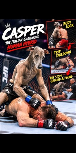 Casper, the Italian Greyhound-human hybrid, dominates an octagon fight with a body lock and trip,,,