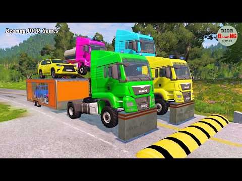 Double Flatbed Trailer Truck vs speed bumps|Busses vs speed bumps|Beamng Drive|1400