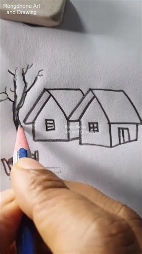 How to Draw a Simple Village Scenery with Pencil | Easy Village House Pencil Sketch