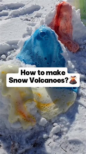 Snow Volcano Activity ❄️🌋 One of our favorite winter science activities.. simple, fun, and so satisfying to watch! What you need: • snow • baking soda • food coloring • dish soap • vinegar • small containers or cups We mixed baking soda, food coloring, and a few drops of dish soap in small containers, placed them into the snow, then covered them with snow, leaving a small opening on top. We slowly poured vinegar into the hole, and the colorful, foamy reaction flowed down the sides just like lav