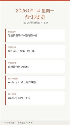 9月14日AI大事，一条看懂！ 1️⃣ [模型发布] 导航模型零样本通吃四本体2️⃣ [开发生态] GitHub 三榜第一的十年3️⃣ [产品应用] 外滩最特别 Agent4️⃣ [技术与洞察] Anthropic 承认对齐缺陷5️⃣ [行业动态] OpenAI 年内不上市你更关心哪条？评论区聊～#ai工具排行榜 #openai #ai大模型 #ai大事件 #ai资讯