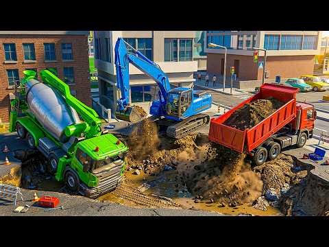 Sinkhole Emergency! Excavator & Dump Truck Rescue the Cement Mixer 🚧 | Fun Construction Animation
