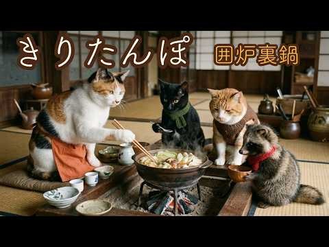 🍲 冬じたくの日記｜雨宿りのたぬきと猫たち、囲炉裏で焼くきりたんぽ鍋。