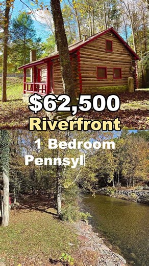 $62,500 Riverfront Log Cabin With Stone Fireplace and Rustic Charm