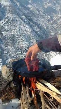 Wilderness Cooking | Fresh Meat Over Open Fire || Outdoor Mountain Cooking in Heavy Snow #Shorts